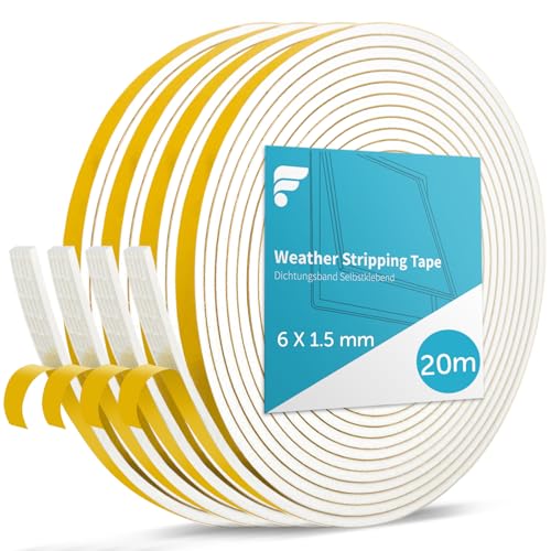 shinfly 20M Dichtungsband Selbstklebendes für Türen Fenster, 6mm(B) x 1,5mm(D) Fensterdichtung Türdichtung Selbstklebend für Anti Kälte-Wind Lärm und Kollision (Weiß, 5M x 4 Rollen) von shinfly