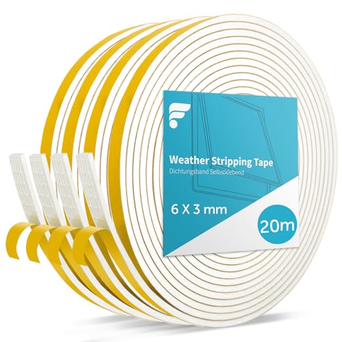 shinfly 20M Dichtungsband Selbstklebendes für Türen Fenster, 6mm(B) x 3mm(D)/Fensterdichtung Türdichtung Selbstklebend für Anti Kälte-Wind Lärm und Kollision (Weiß, 5M x 4 Rollen) von shinfly