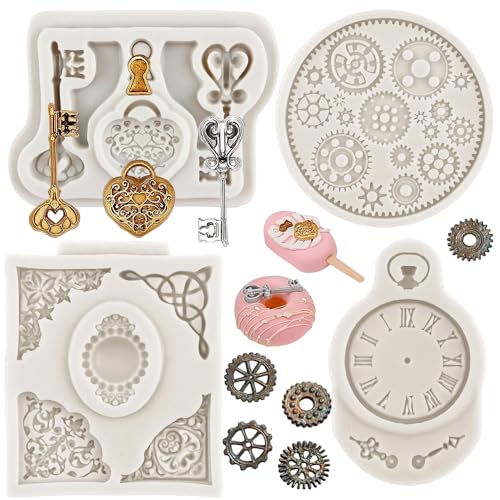 Sijiangmold Silikonform im Vintage-Stil, für Fondant, Steampunk, Zahnrad, Uhr, Barock-Edelsteine, für Cupcake-Aufsätze, Kuchendekoration, Süßigkeiten, Schokolade, Polymerton, Gummipaste, 4 Stück von sijiangmold