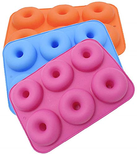 sinzau 3-Pack Silikon Donut Formen, 6 Hohlraum Antihaft-Safe Backblech Maker Pan Hitzebeständigkeit für Kuchen Keks Bagels Muffins (Rot Orange Blau) von sinzau