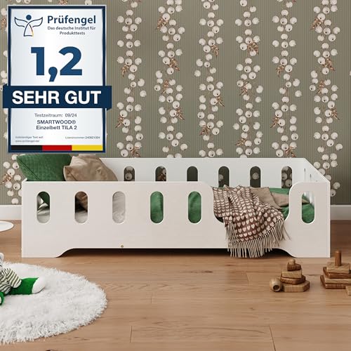 smartwood TILA 2P Kinderbett 80x180 mit Lattenrost und Rausfallschutz - Holz Kinderbett für Jungen & Mädchen, vielseitiges Montessori Bett mit Rausfallschutz und Lattenrost 180x80 cm - Weiß von smartwood