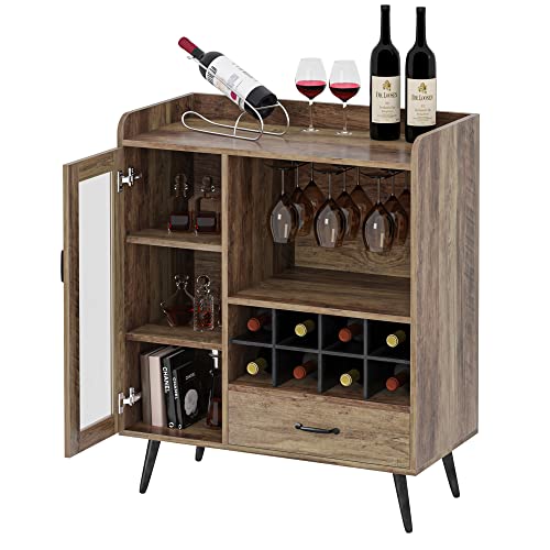 soges Weinschrank mit Weinregal Sideboard Kücheschrank mit 1 Glastür und Schublade, Industriestil Buffet mit Getränkehaltern, Schublade & Weinregal für Wohnzimmer, Esszimmer, Küche von soges