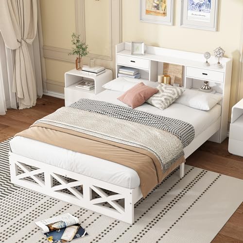 soges Doppelbett mit Lattenrost und Kopfteil, Bettrahmen mit 2 Schubladen für Erwachsene und Jugendliche, weiß, 140 cm x 200 cm von soges