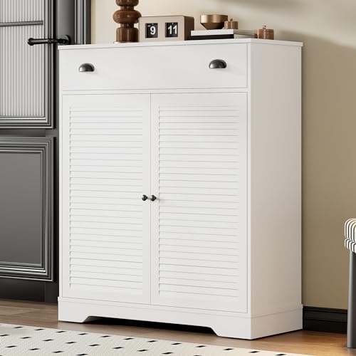 soges Schuhschrank Weiß mit 4 Fächern, Schuhablagen mit 1 Schublade für 15-24 Paar Schuhe, Sideboard mit verstellbare Einlegeböden für Wohnzimmer, Schlafzimmer, Flur, B93xH110xT36 cm von soges