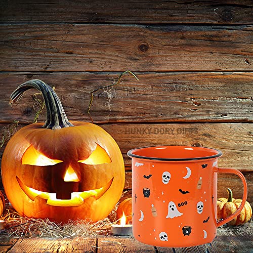 Emaille-Tasse mit gruseligem orangefarbenem Halloween-Druck, 99 x 13 cm, lustiges Design und Eisenmaterial, perfekt für den täglichen Gebrauch von something different
