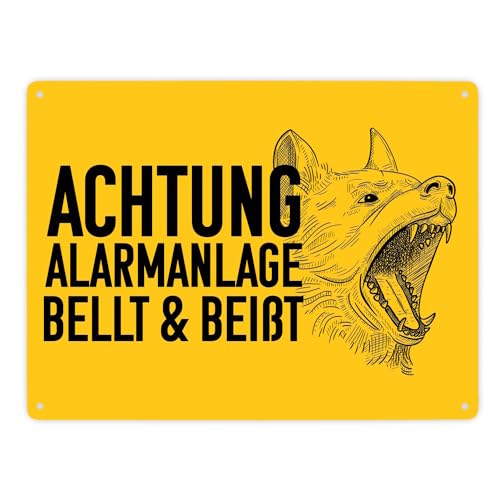 Achtung Alarmanlage bellt und beißt Metallschild XXL in 28x38 cm mit Hunde Motiv Blechschild für Hundebesitzer mit bellendem Hund um Einbrecher abzuschrecken für deine Sicherheit von speecheese