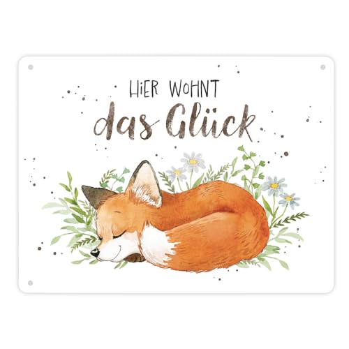 Fuchs Metallschild XL in 21x28 cm in weiß mit Spruch Hier wohnt das Glück ein herbstliches Schild für Naturliebhaber Motiv Aquarell Zeichnung Frauen Geburtstag Natur Blechschild von speecheese