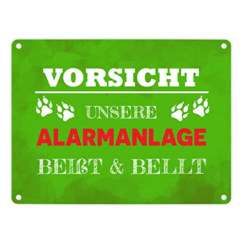 Vorsicht unsere Alarmanlage beißt & bellt Metallschild in 15x20 cm in Grün Dekoration lustiger Spruch Hund Haustier Warnung Einbrecher Hundefreund Geschenkidee von speecheese