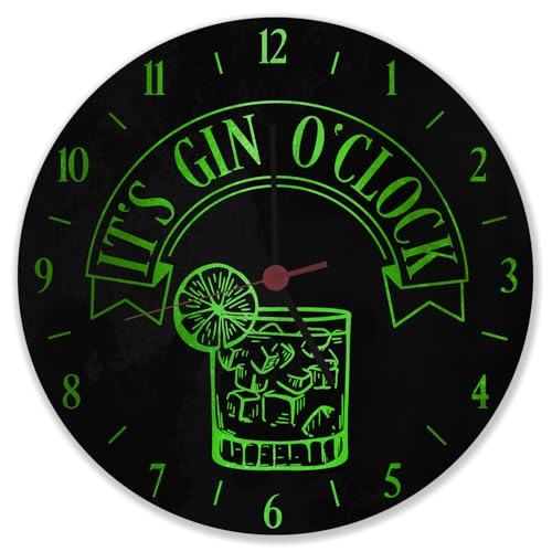 speecheese It's Gin O'Clock Wanduhr mit grüner Schrift Witzige Uhr mit Ginspruch Spruch für Ginfans Alkohol als passende Deko für die Kneipe oder die Hausbar von speecheese