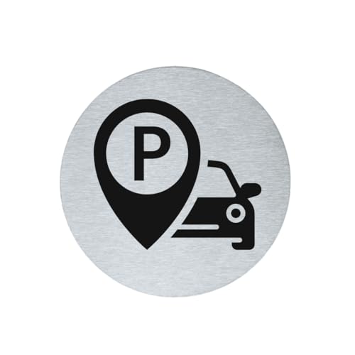 stahl-design-tebart Hinweisschild Piktogramm rund 7,5 cm Edelstahl selbstklebend 3M Klebefläche graviert Edeloptik elegante Beschilderung langlebig AUTO PARKEN PARKPLATZ- 7,5x7,5x0,1cm von stahl-design-tebart