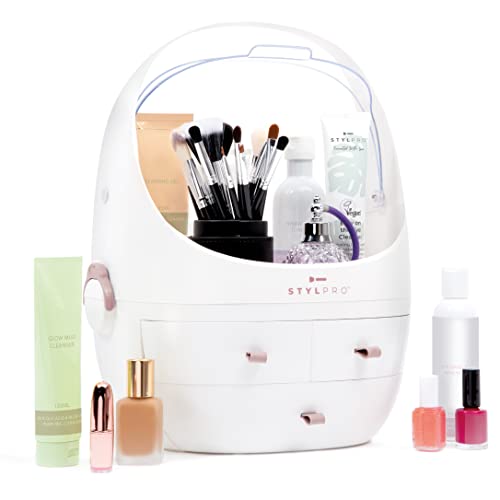 STYLPRO Beauty Aufbewahrungsbox, Kosmetik- und Hautpflege-Organizer mit 3 Schubladen, abnehmbarem Deckel, staubdichter Abdeckung und Reisegriff für Kommode, Schlafzimmer, Badezimmer und Zuhause, Weiß, von stylPro