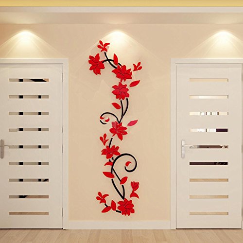 sunnymi Acryl Wandaufkleber Mit 3D Spiegel Kristall Baum Blumen 24 * 80cm Wall Sticker Für Wohnzimmer Mädchen Kinderzimmer Wandtattoo Aufkleber (Rot) von sunnymi