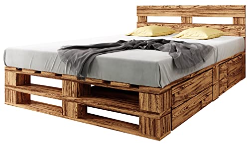 sunnypillow Palettenbett M2 aus Holz 140 x 200 cm mit Kopfteil und 2 Bettkästen Doppelbett, Familienbett - erhöhtes Ehebett Bettgestell Futonbett Komforthöhe Geflammt Massivholzbett sunnypillow Palettenbett M2 aus Holz 140 x 200 cm mit Kopfteil und 2 Bettkästen Doppelbett, Familienbett - erhöhtes Ehebett Bettgestell Futonbett Komforthöhe Geflammt Massivholzbett von sunnypillow