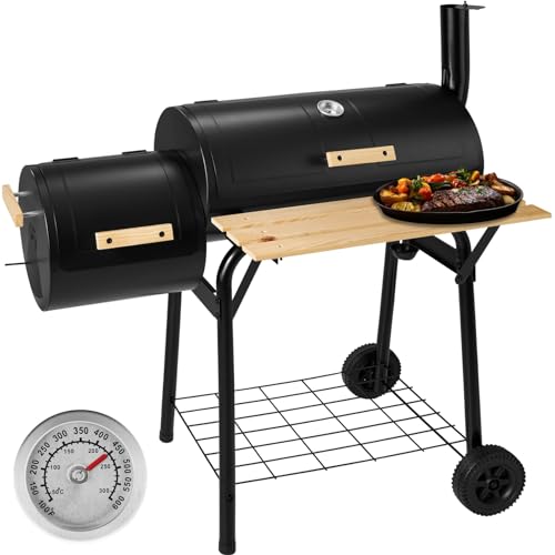 tectake® 3-in-1 outdoor Grill, Smoker mit Zubehör Thermometer, Holzkohlegrill, BBQ Grill, Räucherofen für Fleisch, Grillwagen fahrbar mit Luftregulierung von tectake