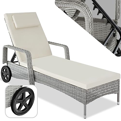 tectake® Aluminium Rattan Sonnenliege mit Armlehne und Rollen, Outdoor Polyrattan Gartenliege mit 6-Fach höhenverstellbarer Rückenlehne (bis 150 kg), Balkon Möbel oder Garten Möbel - hellgrau von tectake