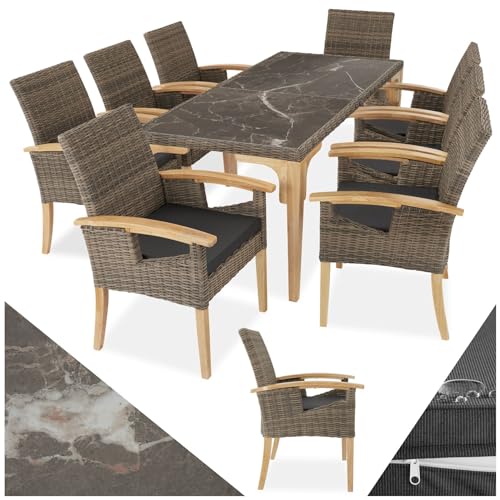 tectake® Rattan Möbel Set, 8X Stühle, 1x Tisch, modern, Korbsessel mit Armlehne, Esstisch Marmor Optik, Esszimmer Lounge Gartenmöbel für Balkon, Terrasse, Wintergarten, Outdoor Küche - Natur von tectake