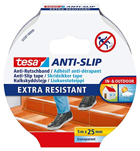 tesa Anti-Rutschband - Rutschfestes Klebeband für innen und außen - Für Treppen, Leitern und glatte Böden - Transparent - 5 m x 25 mm tesa Anti-Rutschband - Rutschfestes Klebeband für innen und außen - Für Treppen, Leitern und glatte Böden - Transparent - 5 m x 25 mm von tesa