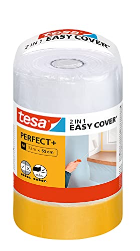 tesa Easy Cover Perfect+ Refill M - 2in1 Malerfolie mit Malerband aus Washi-Papier - zum Abkleben und Abdecken bei Malerarbeiten - 33 m x 55 cm von tesa