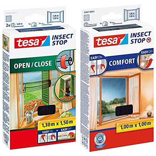 tesa Insect Stop COMFORT Open/Close Fliegengitter Fenster zum Öffnen und Schließen, 130 cm x 150 cm & Insect Stop COMFORT Fliegengitter für Fenster, 100 cm x 100 cm von tesa