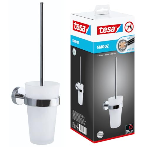 tesa Escobillero para Baño Smooz - Escobillero de Pared de Alta Calidad Sin Necesidad de Taladrar con Recipiente de Cristal Satinado - Incluye Solución Adhesiva de Montaje von tesa