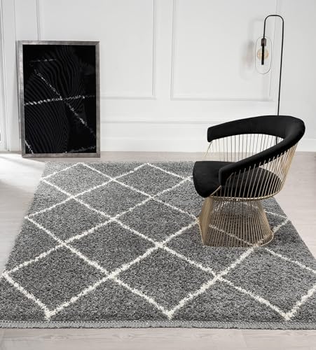 the carpet Bahar Shaggy Hochflor (35 mm) Langflor Wohnzimmer Teppich Rauten Muster Grau 80x150 cm von the carpet