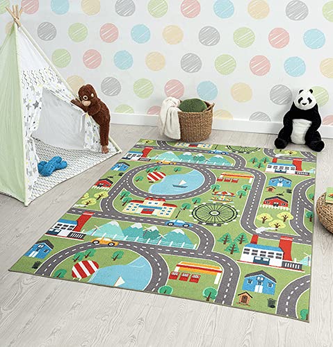 the carpet Happy Life Kinderzimmer, Kinderteppich, Spielteppich, Waschbar, Straßenteppich, Straße, Stadt, Auto, Grün, 120 x 160 cm von the carpet