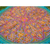 Runder Woll Teppich Kashmiri Namda Hand Gefilzt Und Bestickt | Blumenmuster Mandala Blauer Für Schlafzimmer Oder Boho Wanddeko von theshantihome