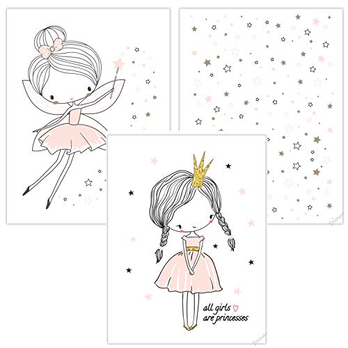timalo® 3 Stück Kinderzimmer Bilder Set - Mädchen Poster süße Prinzessin, Sterne und Fee in pastellrosa p-3er-set-004-A4 von timalo