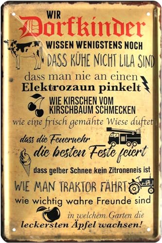 Blechschild 20x30 cm Dorfkinder wissen Kühe Elektrozaun Wiese Feuerwehr fun Spruch Bar Haus + Garten Geschenk Metall Schild von tin sign