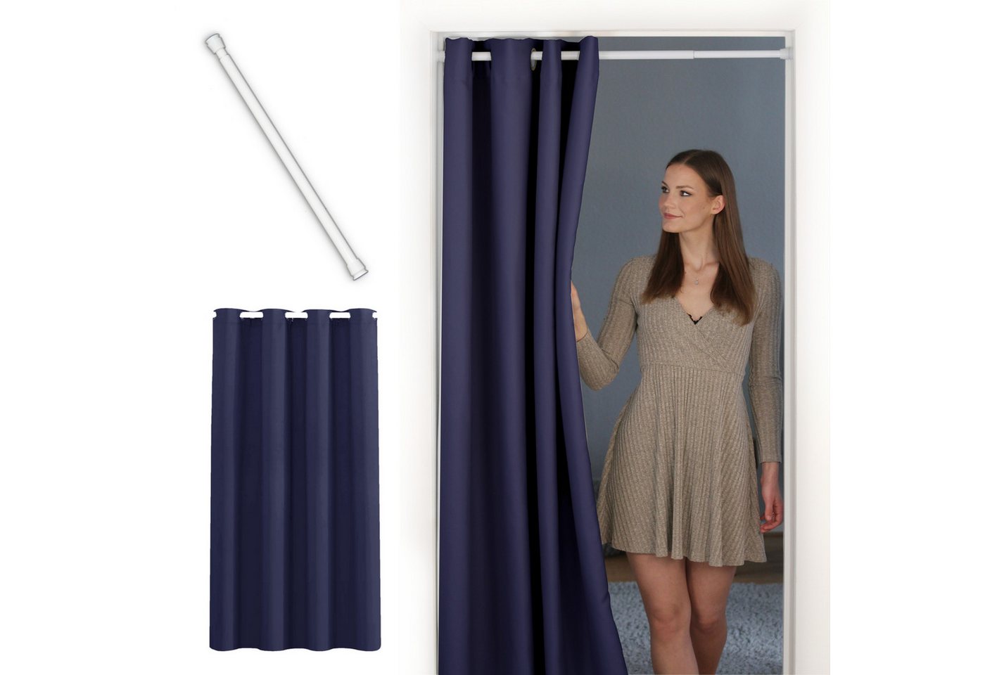 Türvorhang mit Stange weiß 55-90 cm ohne Bohren, Thermo Vorhang Tür, tinycurtains, Ösen, abdunkelnd, Polyester, dunkelblau Ocean, Türgardine mit Klemmstange Raumtrenner verdunkelnd von tinycurtains