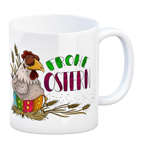 trendaffe Frohe Ostern Kaffeebecher mit Huhn und Osterei Motiv Hühner Hahn Henne Frühstück von trendaffe