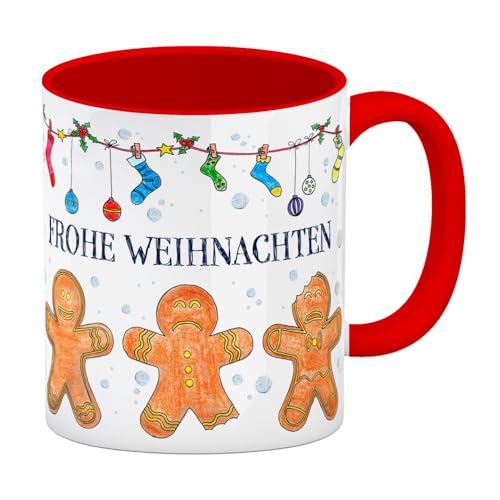 trendaffe Frohe Weihnachten Kaffeebecher Henkel und Innenseite Rot mit Lebkuchenmänner Motiv von trendaffe