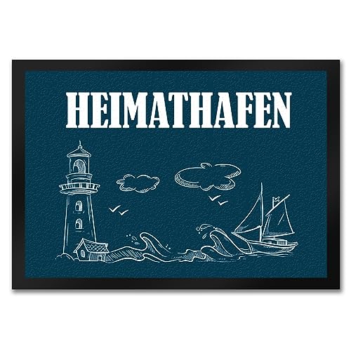 trendaffe - Heimathafen Fußmatte mit weiße Symbole wie Schiff Wellen Leuchtturm weiße Schrift Motiv von trendaffe