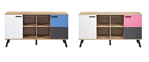 trendteam smart living - Mats Color - Sideboard - Weiß/Grau inkl. 2 unterschiedlichen Farbfronten (Blau/Rosa) - schwarze Holzfüße - (BxHxT) 161 x 86 x 42 cm - Kommode mit eichefarbener Rückwand von trendteam smart living