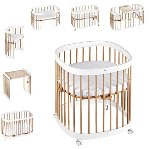 tweeto® Babybett Kinderbett 7-in-1 (Plus) | bis zu 10 Funktionen | inkl. atmungsaktiver Matratze (Weiss-Buche) von tweeto