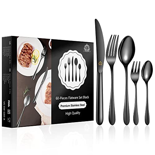 vancasso Besteck Set Schwarz 12 Personen, Besteck Set Glänzend, 18/10 Edelstahl Besteckset mit 60-Teilig Messer/Gabel/Löffel/Dessertlöffel/Dessertgabel, Schwarzes Besteck mit Geschenkbox von vancasso