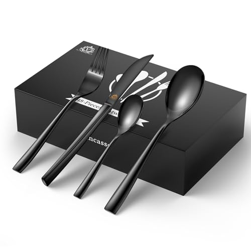 vancasso Besteck Set Schwarz 12 Personen, 18/10 Besteckset mit Messer/Gabel/Löffel/Dessertlöffel, 48-pcs Besteck mit Griff, Besteck Poliert mit Geschenkbox, Modernem und Schlichtem Design von vancasso