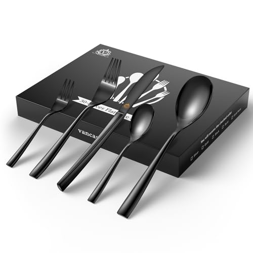 vancasso Besteck Set Schwarz 6 Personen, 30-Pcs Besteckset 6x Messer/6x Gabel/6x Löffel/6x Dessertgabel/6x Kaffeelöffel, 18/10 Edelstahl Besteckset Poliert mit Geschenkbox für Geschirr,Weihnachten von vancasso