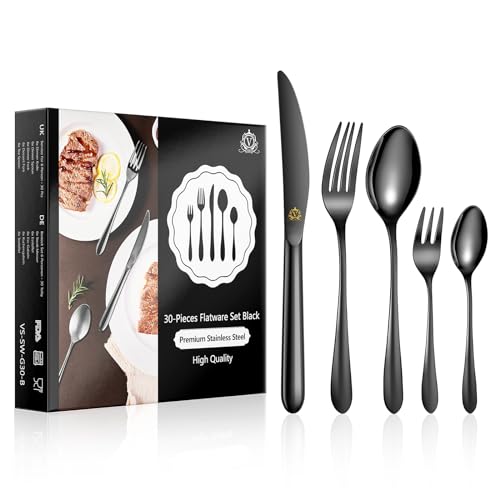 vancasso Besteck Set für 6 Personen, 18/10 Edelstahl Besteckset mit Messer/Gabel/Löffel/Dessertlöffel/Dessertgabel, 30-Teilig Schwarzes Besteck mit Geschenkbox, Robust und Rostfrei Spülmaschinenfest von vancasso