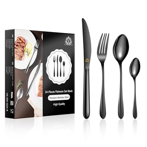 vancasso Schwarz Besteck Set für 6 Personen, 18/10 Edelstahl Besteckset mit Messer/Gabel/Löffel/Dessertlöffel, 24-Teilig Besteckset Poliert mit Geschenkbox für Familienfeiern, Hotels, Restaurants von vancasso