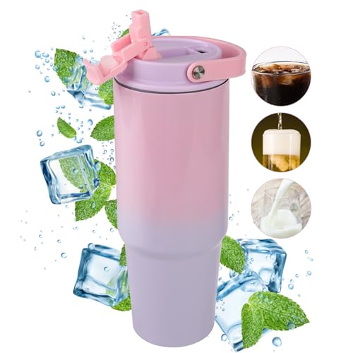 Thermobecher Strohhalm Edelstahl Isolierbecher mit Strohhalm 31oz Thermobecher mit Strohhalm 2 in 1 Auslaufsicherer Deckel Doppellagiges Vakuum Thermobecher Groß mit Top-Griff für Heiße Kalte Getränke von vebulon