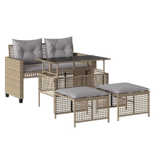 vidaXL Garten Sofagarnitur mit Kissen 4-TLG., Gartentisch mit Verstellbarer Glastischplatte, Sitzgruppe für Garten Terrasse, Gartenbank Gartenmöbel, Beige Poly Rattan Glas vidaXL Garten Sofagarnitur mit Kissen 4-TLG., Gartentisch mit Verstellbarer Glastischplatte, Sitzgruppe für Garten Terrasse, Gartenbank Gartenmöbel, Beige Poly Rattan Glas von vidaXL