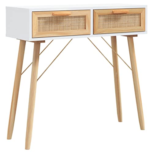 vidaXL Konsolentisch Konsole Beistelltisch Flurtisch Ablagetisch Wohnzimmer Tisch mit Schubladen Weiß 80x30x75cm Massivholz Kiefer Natur-Rattan von vidaXL