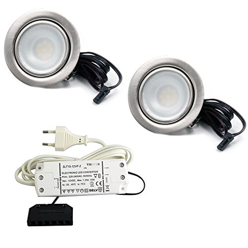 vislux 2er Set LED Einbaustrahler Möbelleuchte Möbeleinbaustrahler flach 2,7W LED 12V/ DC warmweiß 3000K / 200Lm Farbe Edelstahlgebürstet + 15Watt LED Trafo 230V von vislux