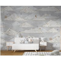 Wolken Babyzimmer Tapete, Hellblauer Himmel Themed Wandbild, Baby Blaue Schale Und Stick Kinderzimmer Tapete von wallpaperfect