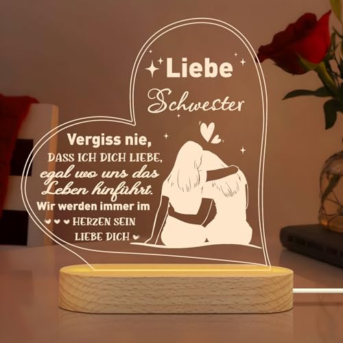 weeyin Schwester Geschenk, Geschenke für Schwester LED Nachtlicht mit Holzsockel, Geburtstagsgeschenk für Frauen, Personalisierte Geschenke Schwester, Beste Schwester Geschenke von weeyin