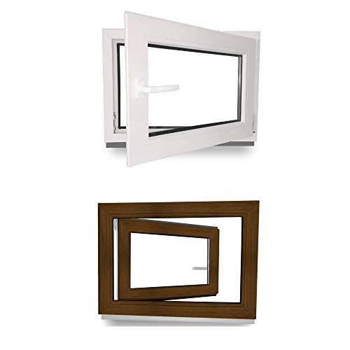 Kellerfenster - Kunststoff - Fenster - innen weiß/außen nussbaum - BxH: 90 x 60 cm - 900 x 600 mm - DIN Links - 2 fach Verglasung - 60 mm Profil von werkzeugbilligercom