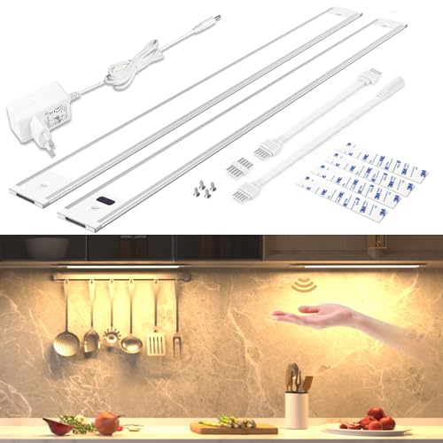 Wobsion Unterbauleuchte Küche Led Warmweiß mit Berührungsloser Sensor,Led Leiste 42CM×2PCS Beleuchtung Küche Dimmbar 3000K,Ultra Dünn Küchenlicht Unterbau Led für Garderobe,Vitrine Schrank Beleuchtung von wobsion