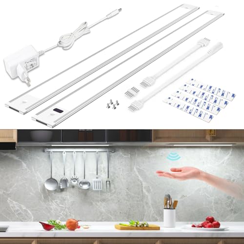 wobsion Unterbauleuchte Küche Led Weiß mit Berührungsloser Sensor,Led Leiste 42CM×2PCS Beleuchtung Küche Dimmbar 6000K,Ultra Dünn Küchenlicht Unterbau Led für Garderobe,Schrank Beleuchtung von wobsion