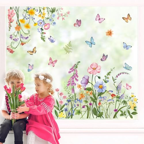 wondever Fenstersticker Garten Blumen Fenster Aufkleber Mohnblume Schmetterling Fensterbilder Fensteraufkleber Anti-Kollision Doppelseitig Glasaufkleber Frühling Sommer Glas Deko von wondever